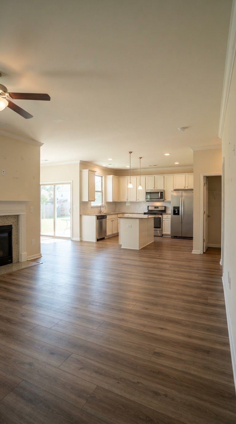 Vacant open-concept kitchen and living room, ready for move-in
